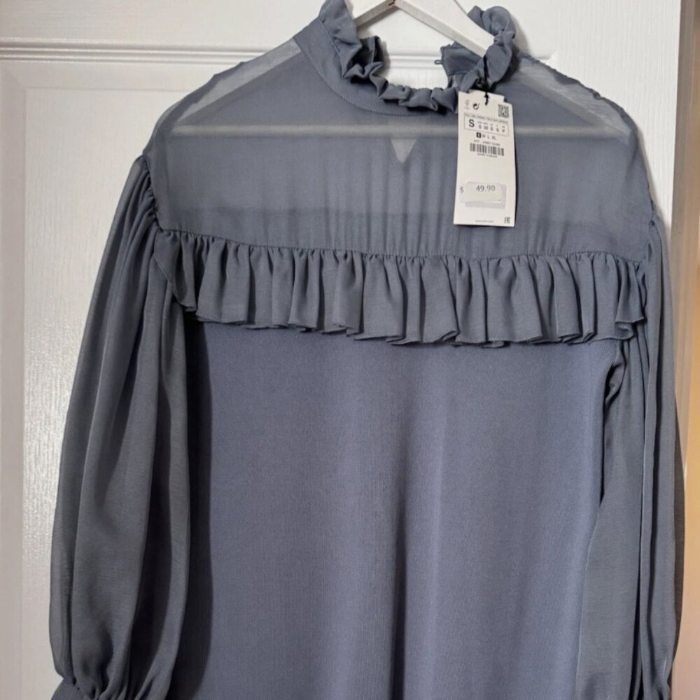 Zara Woman Combination Knit Organza Mini Ruffle Dress Small